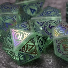 Sage's Glyphed Green Cracked Glass Frosted Finish Polyhedral Dice Set