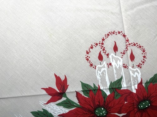 Vintage Christmas Tablecloth 1950s Poinsettia Candles Holly Holiday 66" Round - Picture 11 of 14