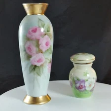 Vtg Pink & Mint Green Bud Vase & Small Floral Jar Both Hand Painted Unmarked