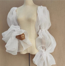 Long White Puffy Ruffled Organza Elastic Sleeves Detachable Sleeves Prom Dress