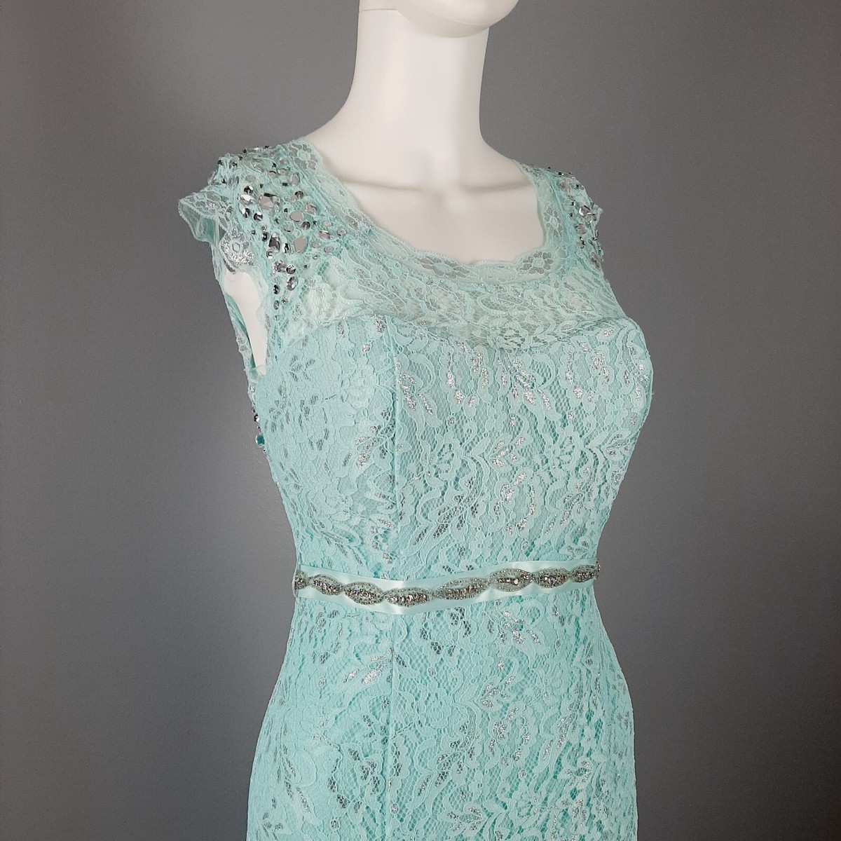 Sequin Hearts Womens Formal Dress Gown Size 7 Juniors Aqua Blue Lace  Rhinestones