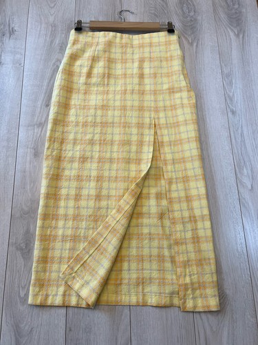 Zara Yellow Orange Gray Plaid Front Split Midi Pencil Skirt Sz S - 第 1/8 張圖片