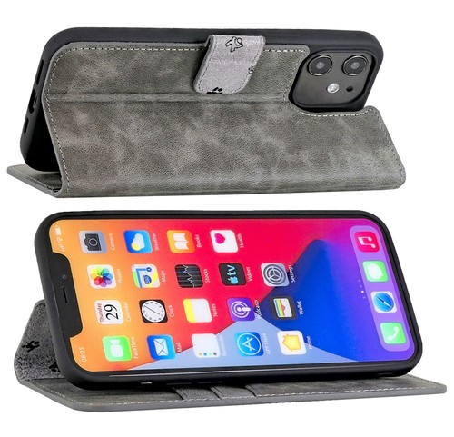 Coque En Cuir De Style Livre Pour iPhone 12, Étui De Protection En Gris Antique - Photo 4/9