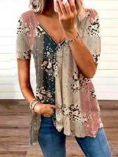 T-SHIRT FEMME sexy Haut  floral décontracté FLEUR col en V NEUF