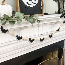 Halloween Decorations-Black Felt Bats Wood Beads Garland 60 inches, Black
