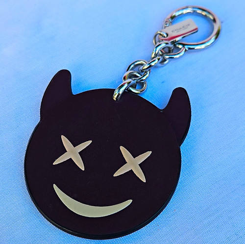 COACH Emoji Bag Charm Keychain Leather Dark Brown, Silver Tone Carabiner Clip