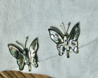 vintage BUTTERFLY Carved ABALONE Shell EARRINGS Mexican SILVER signed Screw Back — photo 1