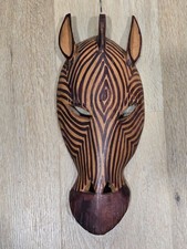 Vintage Zebra Style Hand Carved Wood Wall Mask Tribal Folk Art Decor