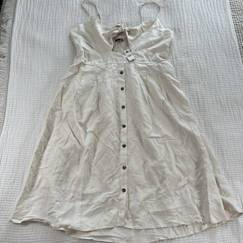 Express Dress Womens XL Cream Linen Midi Tie Front Cut Out Button Front Beachy - Picture 3 of 19