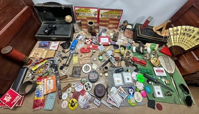Junk Drawer Lot #4 - Random Antique Vintage Smalls - Advertising, Coins, Toys