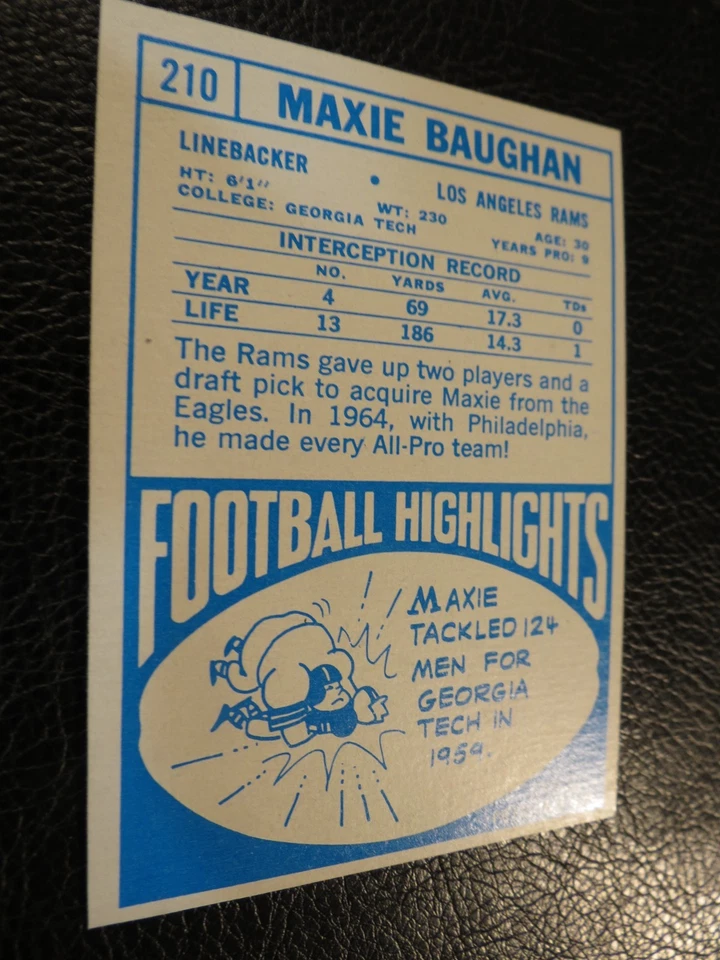 1968 TOPPS FOOTBALL SET #210 Maxie Baughan, Los Angeles Rams, VGEX+ oc - Image 3 of 3