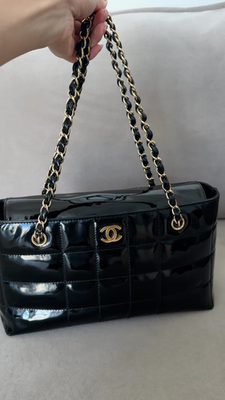 CHANEL Chocolate Bar Black Patent Quilted Leather Medium Bag with