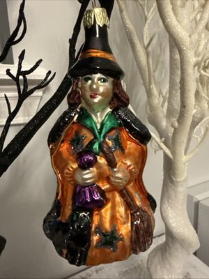 VTG Witch Halloween Ornament Glass Orange w Black Cat Broom Purple Bag  6''