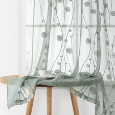Sage Green Sheer Curtains 52 X 63 Inches Length 2 Panels Embroidered Wave Lin...