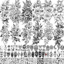 63 Sheets Realistic Black Rose Peony Flower Temporary Tattoos for Women Adult...