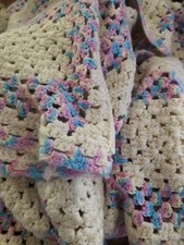 Granny Square Afghan Crochet Throw Vintage 72"x46" Pink Purple Blue White Pastel
