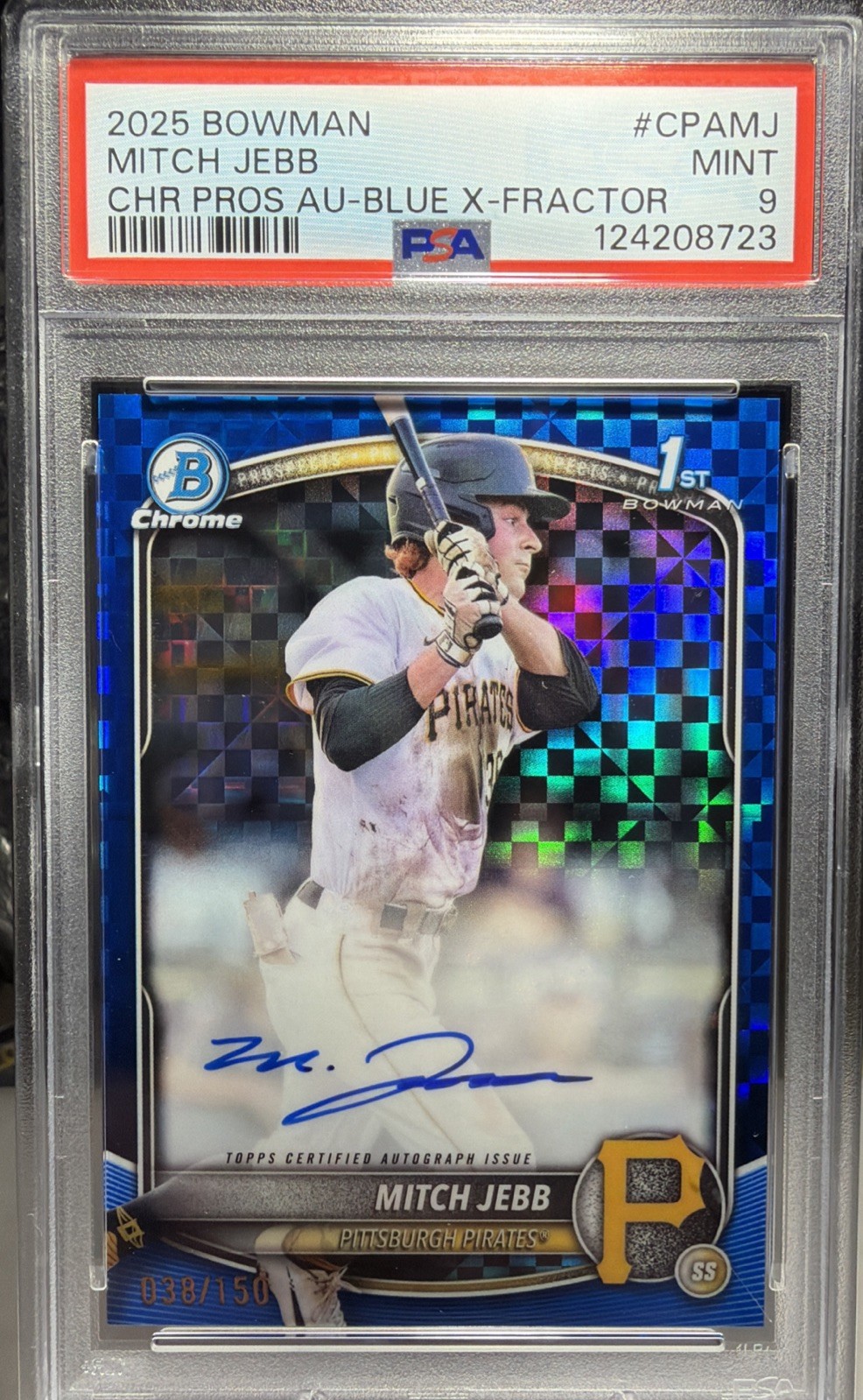 2025 Bowman Draft Chrome Mitch Jebb 1st Auto Blue X-Fractor #38/150 Pirates RC