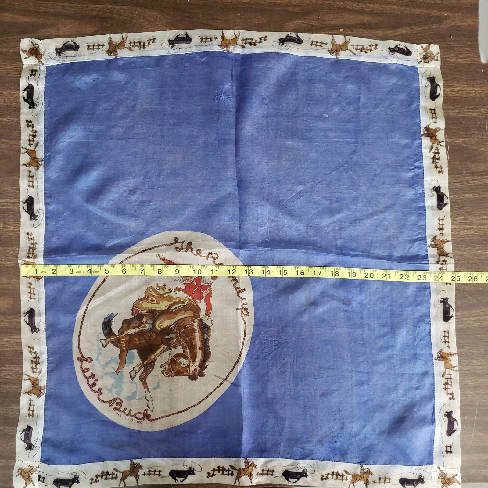 Vintage 1930s The Roundup let'er Buck Silk Scarf 25 X 25 In