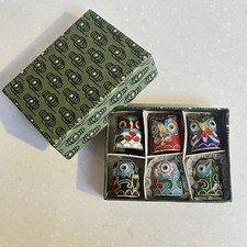 Boxed Set Of 6 Cloisonné Style Metal Owl Thimbles Vgc