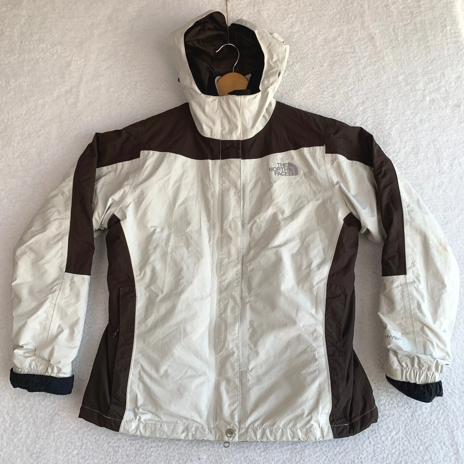 The North Face HyVent Hooded Jacket Womens L Sherpa Lined Coat Snow Ski Cream