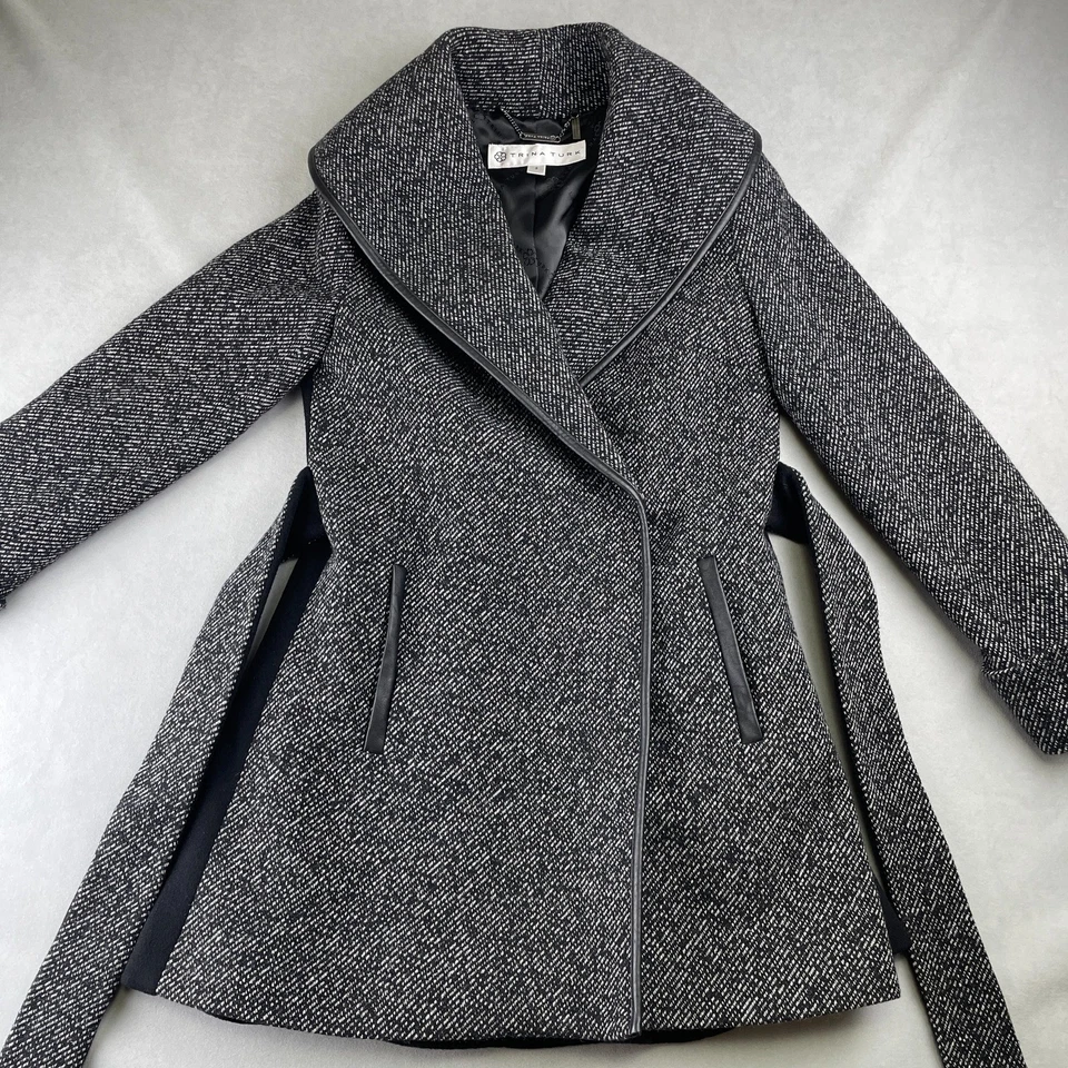 Trina Turk Tweed Wool Wrap Jami Coat Womens Size 2 Belted Old Money Chic Elegant - Image 3 of 4