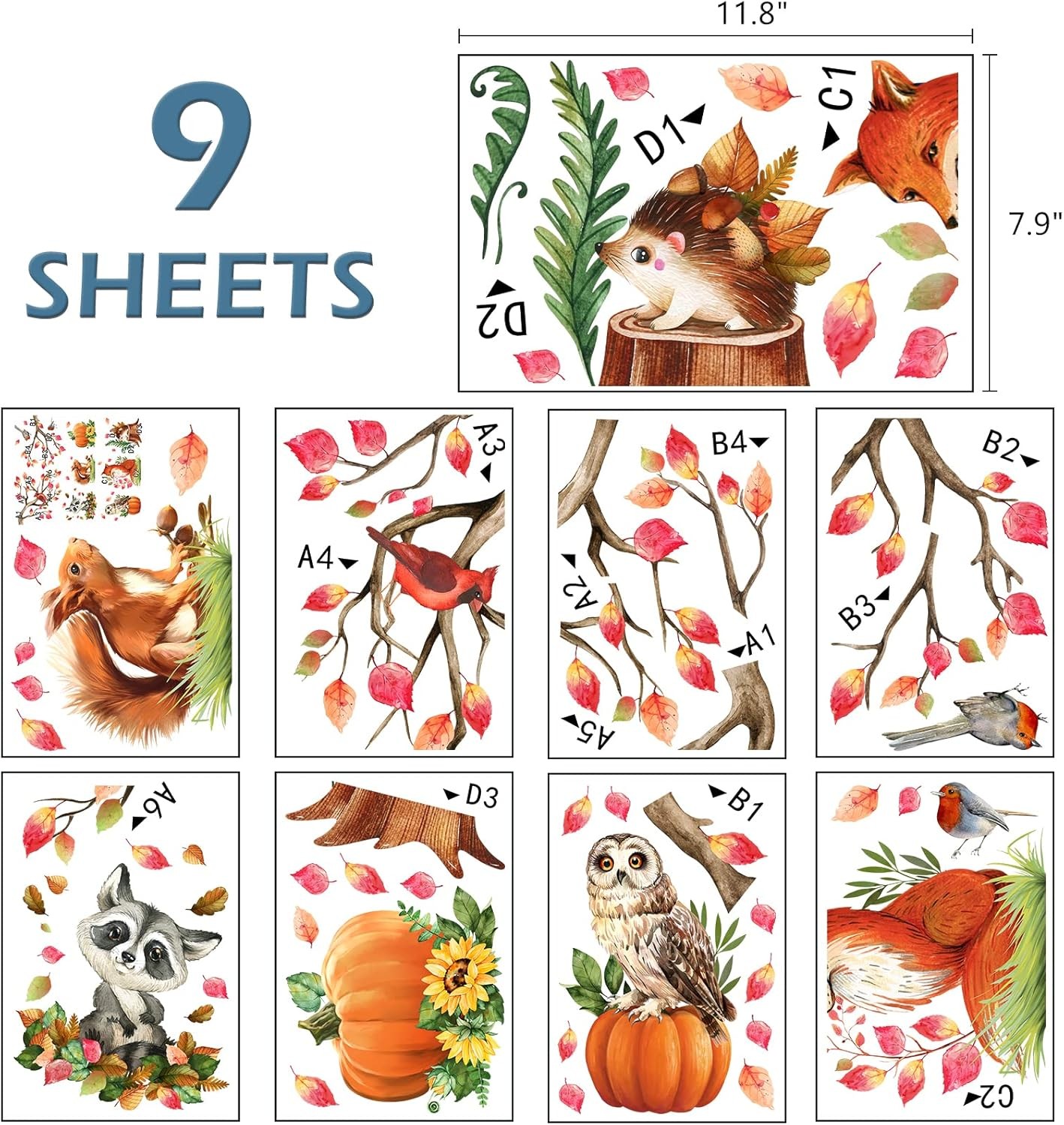 Mfault Fall Woodland Animals Window Clings 9 Sheets, Autumn Fox 