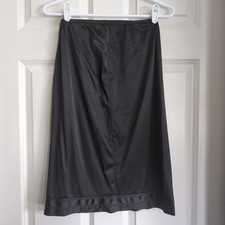 Black vintage nylon midi slip skirt with lace and decorative stitching trim