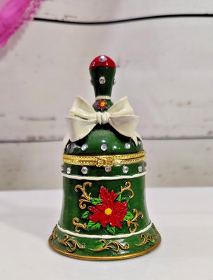 Decorative Bedazzled Green and Red Poinsettia Bell Shaped Trinket Box 4'' Tall
