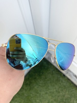 NWT Authentic Ray Ban Classic Large Aviator RB3026 3026 Gold Blue Flash 62/14