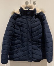 Super Fatface Size 16 Laura Navy Blue Padded Jacket Coat Faux Fur Hood