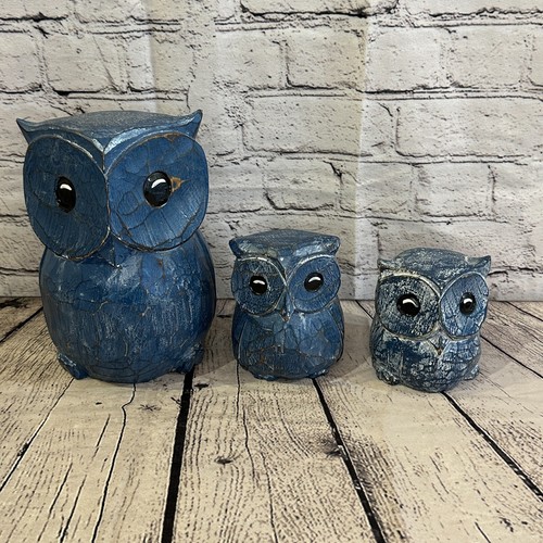 12cm x 10cm Blue Flower Wooden Shabby Owl Statue Ornament Fair Trade Handcarved - Picture 10 of 11