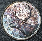 OLD CANADIAN COIN 1952 - 25 CENTS - .800 SILVER - George VI - Gorgeous Rainbow