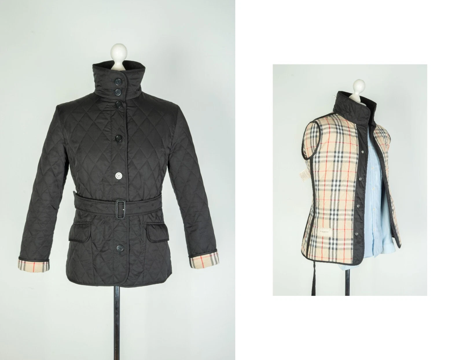 Burberry — Burberry London Quilted Nova Check Black Belted Women's Jacket Coat Size M
