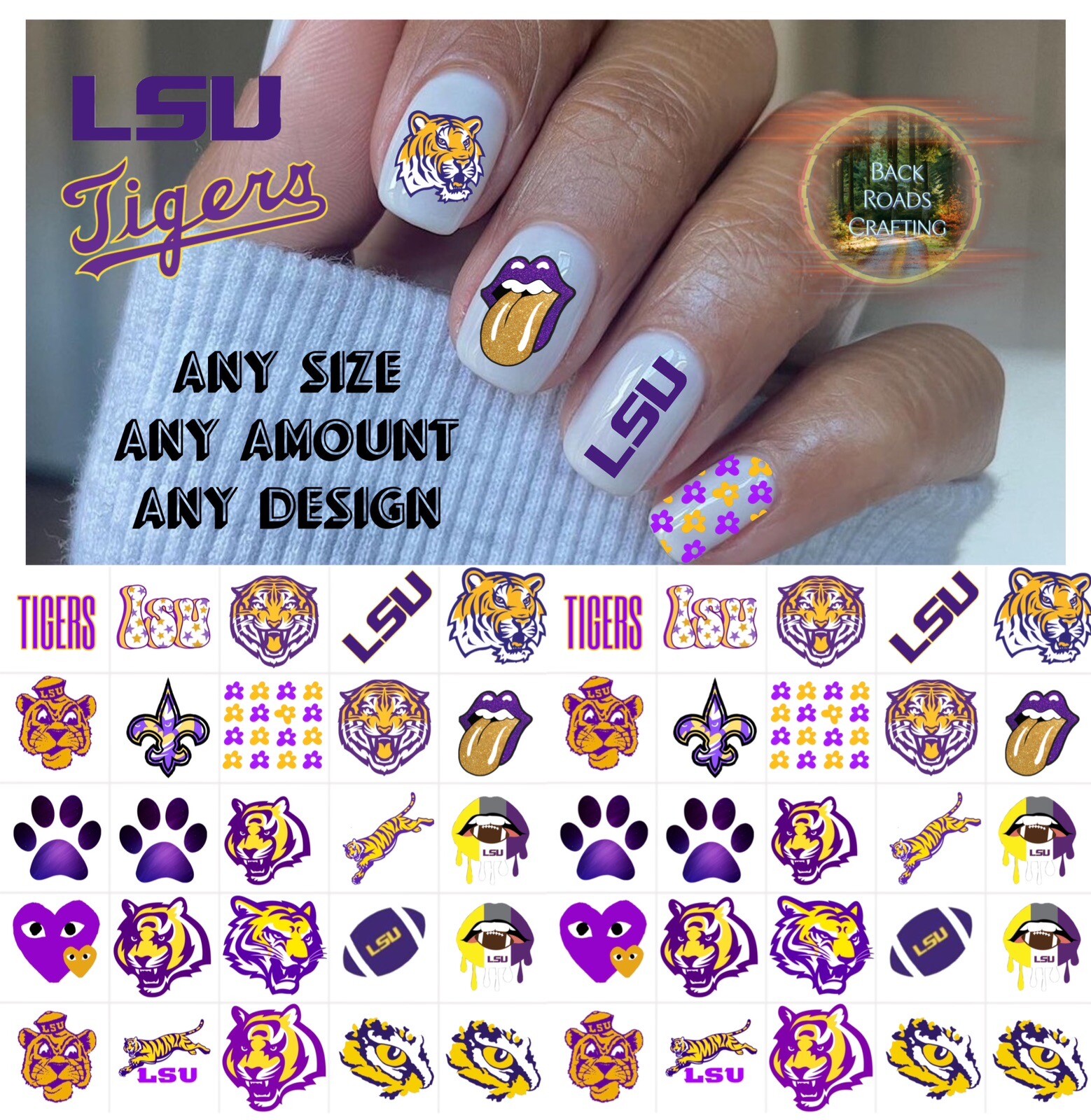 LSU Tigers Waterslide Nail Decals Set Of 50 Instructions & Bonus