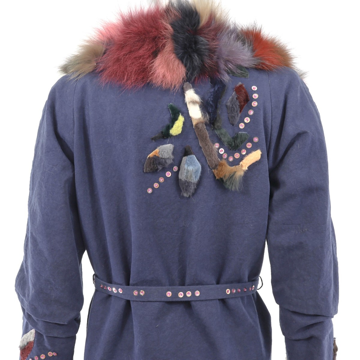 Christian Lacroix Blue Cotton Jacket with Multicolor Fox Trim