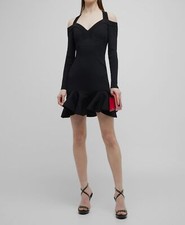 $2590 Alexander McQueen Women's Black Rib-Knit Cut Off-Shoulder Dress Size XS