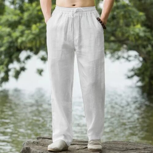 Men's Cotton Linen Beach Joggers Casual Loose Fit Sweatpants Summer Streetwear - Picture 5 of 8