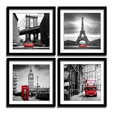 ENGLANT 4 Pieces Framed Canvas Wall Art, Black White and Red Wall Decor Lands...