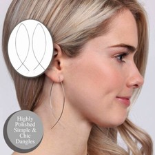 Modern Silver Arc Bar Pull Through Threader Wire Open Fish Hoop Drop Earrings