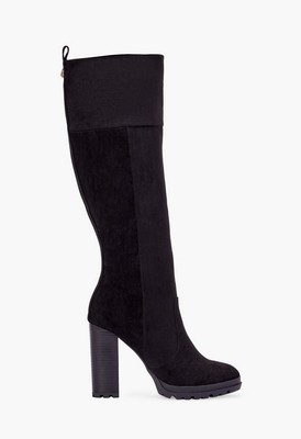Shandee by JUSTFAB (SHOEDAZZLE) Black faux suede 4.25'' heel knee boots, SZ 7