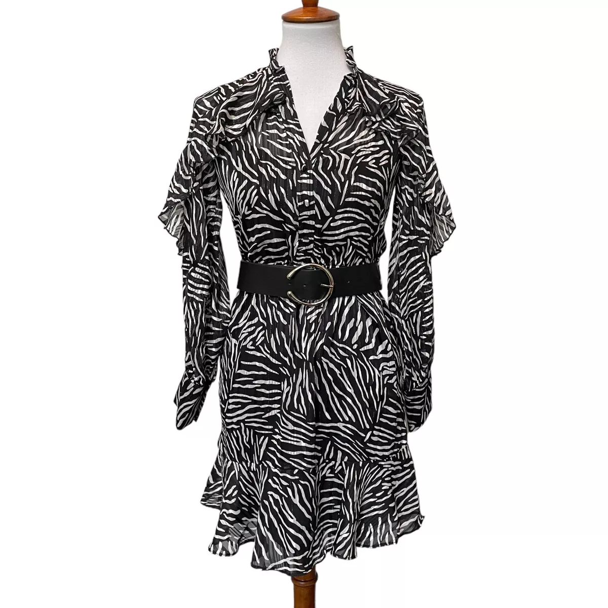 River Island Black White Zebra Print Ruffle Long Sleeve Belted