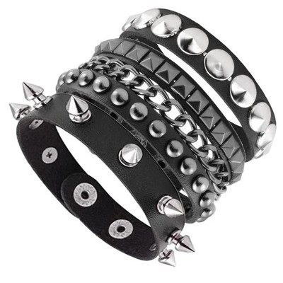 3pcs Goth Punk Leather Bracelets Set Spike Rivets Rock Bangle Jewelry Gift - NEW