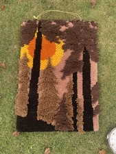 Vtg MCM Latch Hook Rug  with Hanger Forest Trees Sunset Orange Brown 36x24