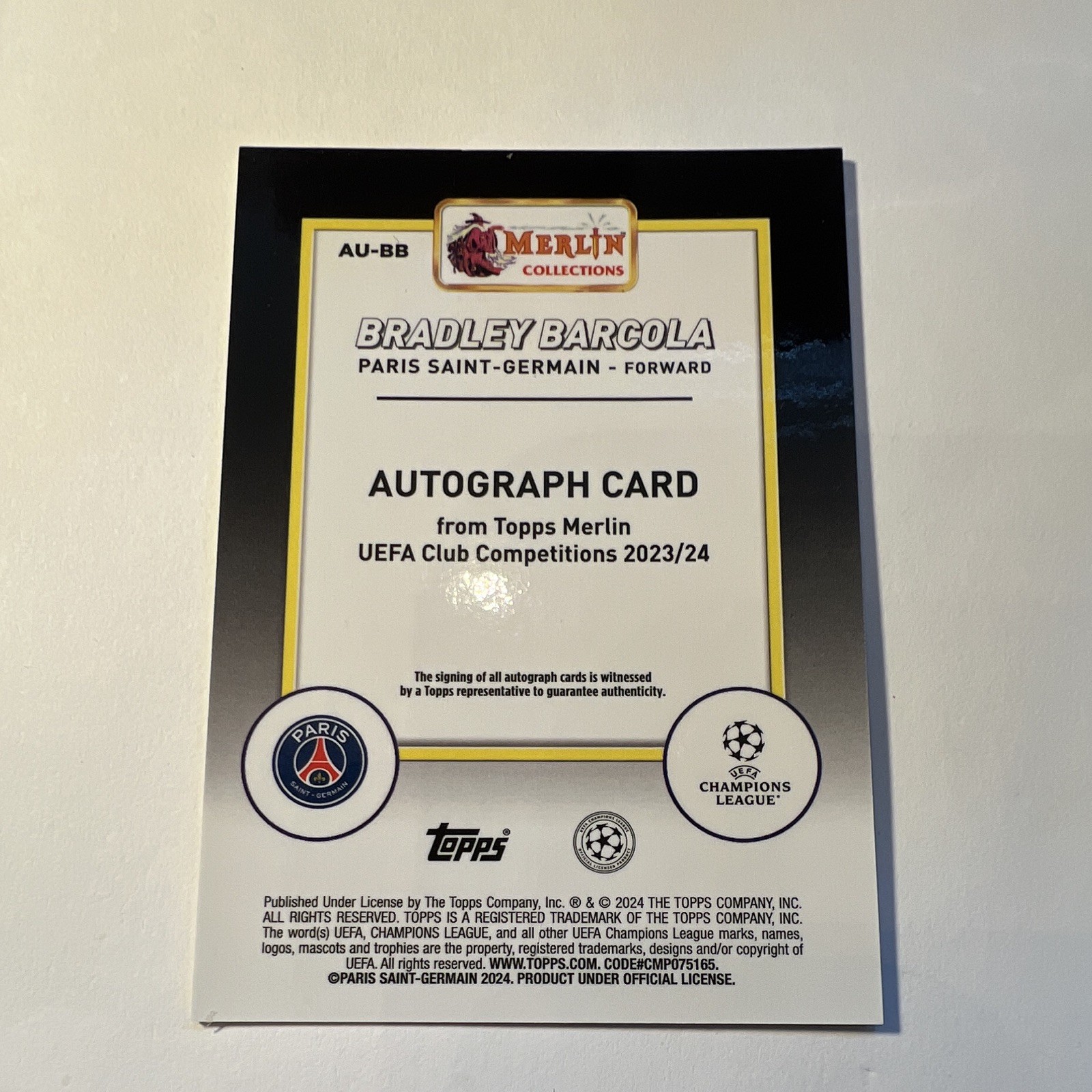 2023-24 Topps Merlin UEFA Club Competitions Bradley Barcola PSG RC Auto #AU-BB view 2