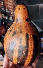 Hand Carved And Painted Folk Art Gourd Maraca. Peru