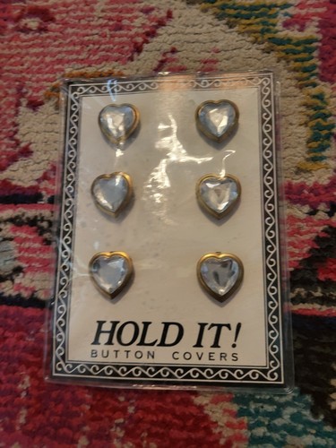 NEW NOS VTG Hold it! Button Covers Set 6 glamour clear stone goldtone hearts - 第 1/2 張圖片