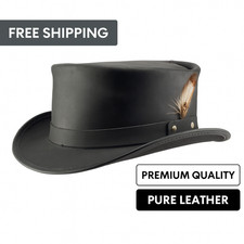 Black Leather Top Hat Feather Accent Gothic Steampunk Costume One Size New