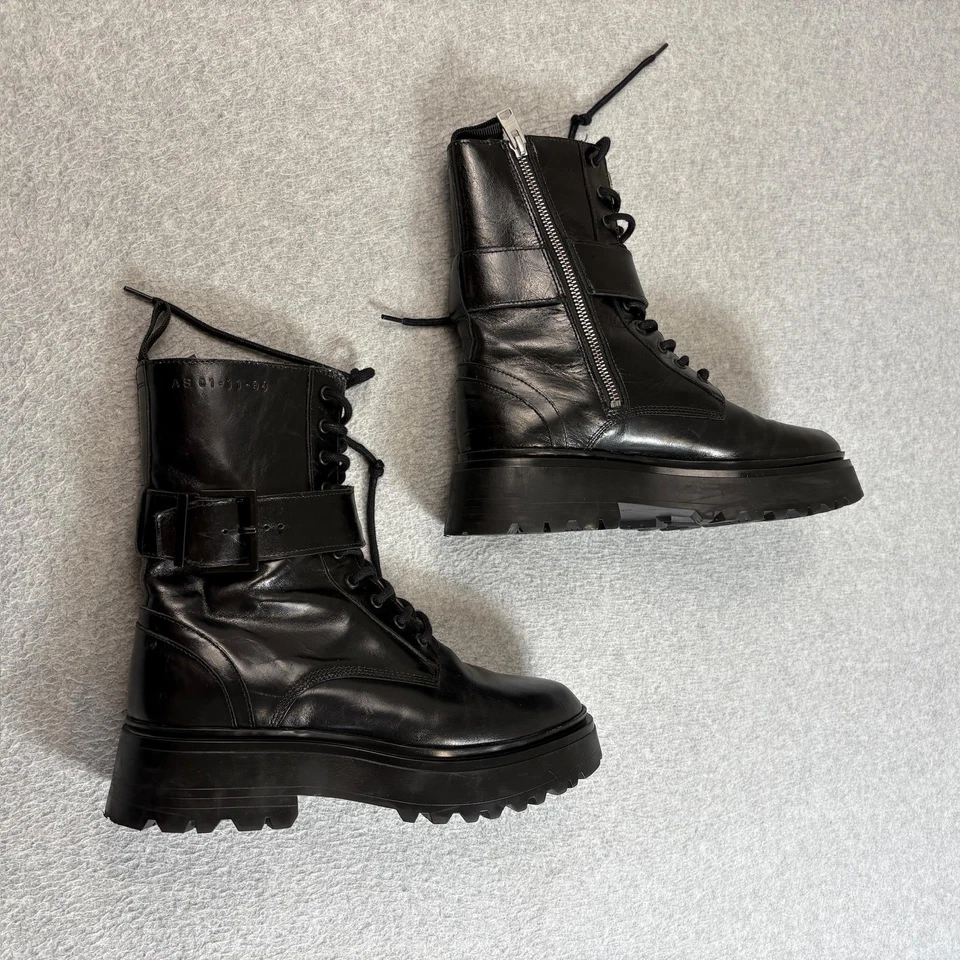 AllSaints 靴子 Onyx 女式 10 黑色皮革战斗系带扣厚底 Y2K — 第 2/4 张图片