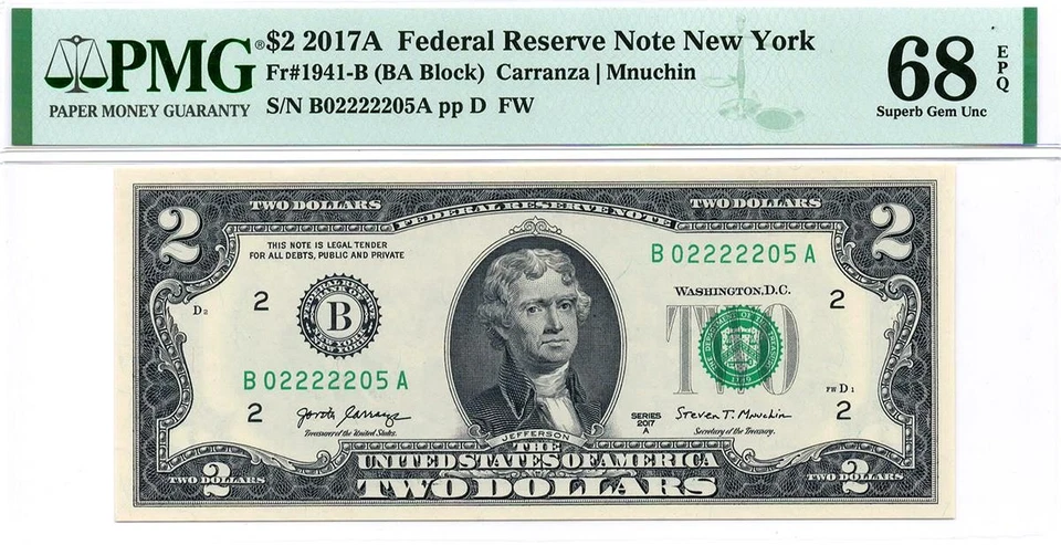 2017A $2 New York Fancy 02222205 Federal Reserve Note • 1941-B • PMG 68 EPQ - Image 2 of 3