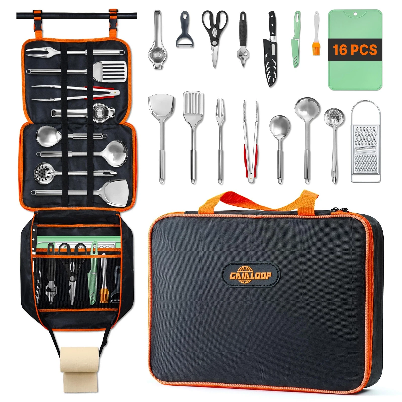 GAIALOOP Camping Cooking Utensils Set 16 Bag LWH: 38*28*8.5cm, Black & Orange